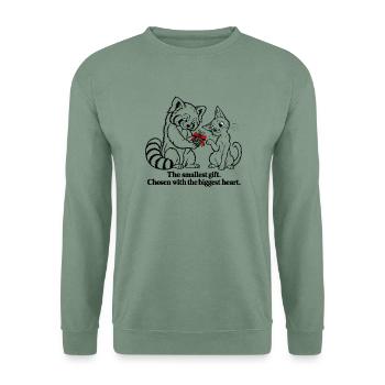 Roter Panda und Kätzchen teilen sich einen Weihnachts-Kiefernzapfen - Unisex Pullover - Graugrün - Vorne