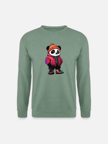 Panda mit Winterjacke und Mütze - Unisex Pullover - Graugrün