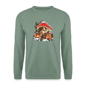 Weihnachtswald-Gnom-Fuchs- und Pilzdesign - Unisex Pullover - Graugrün - Vorne