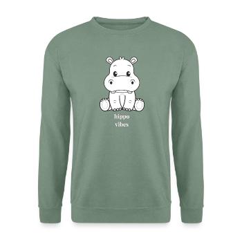 Hippo Vibes: Niedlicher Hippo-Print - Unisex Pullover - Graugrün - Vorne