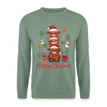 Weihnachtliche Hochlandrinder mit Nikolausmützen - Unisex Pullover - Graugrün - Vorne