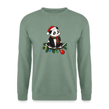 Panda Mit Weihnachtsmannmütze, Weihnachtslichtern, - Unisex Pullover - Graugrün - Vorne