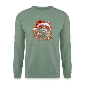 DJ Katze mit Weihnachtsmütze und Sonnenbrille - Unisex Pullover - Graugrün - Vorne