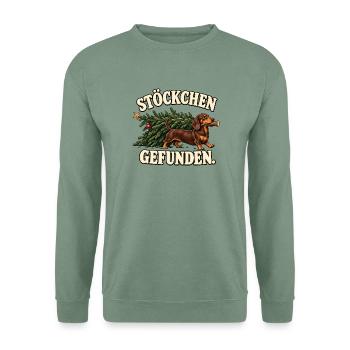 Dackel Weihnachtsbaum – Stöckchen gefunden - Unisex Pullover - Graugrün - Vorne