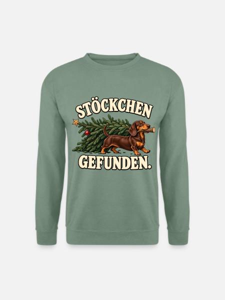 Dackel Weihnachtsbaum – Stöckchen gefunden - Unisex Pullover - Graugrün