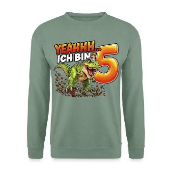Dino Geburtstag 5 Jahre T-Rex Shirt - Unisex Pullover - Graugrün - Vorne