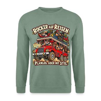 Rocker auf Reisen - Planlos aber mit Stil - Unisex Pullover - Graugrün - Vorne