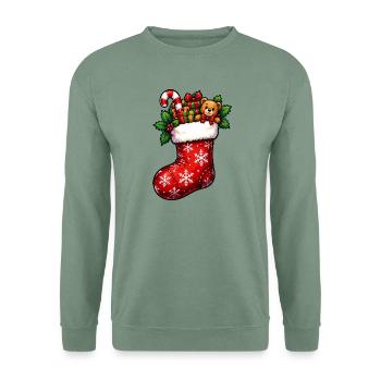 Weihnachtsstrumpf mit Teddy und Geschenken - Unisex Pullover - Graugrün - Vorne