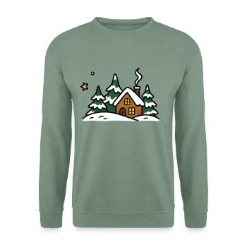 Verschneites Haus – Gemütliche Winterlandschaft - Unisex Pullover - Graugrün - Vorne