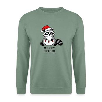 Merry Crisis Lustiges Weihnachts-Waschbär-Meme - Unisex Pullover - Graugrün - Vorne