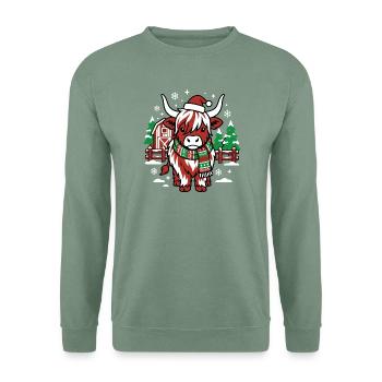 Rote Weihnachtsmannkuh auf Winter Farm - Unisex Pullover - Graugrün - Vorne