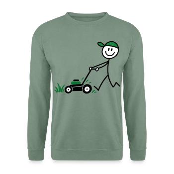 Lustiger Gärtner mit Rasenmäher Comic - Unisex Pullover - Graugrün - Vorne