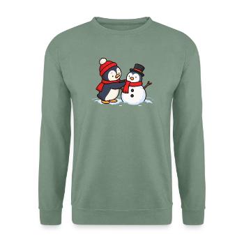 Pinguin baut einen Pinguin-Schneemann - Unisex Pullover - Graugrün - Vorne