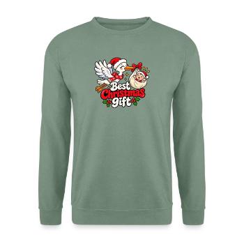 Weihnachtsstorch mit Geschenkpaket - Unisex Pullover - Graugrün - Vorne