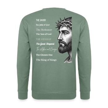 Jesus Porträt mit Dornenkrone und Titeln - Unisex Pullover - Graugrün - Hinten