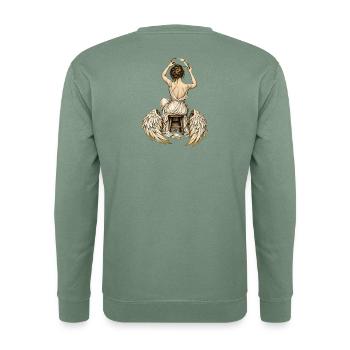 Weiblicher Engel repariert ihren Heiligenschein – Flügel in Ruhe - Unisex Pullover - Graugrün - Hinten