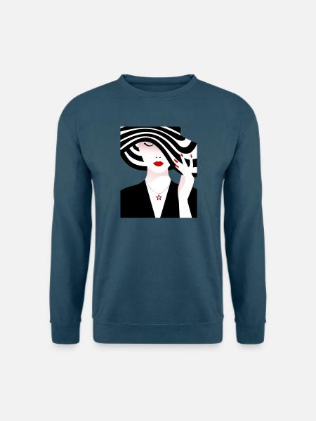 Frau mit schwarz weiß gestreiftem Hut - Unisex Pullover - Indigoblau