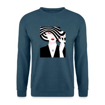 Frau mit schwarz weiß gestreiftem Hut - Unisex Pullover - Indigoblau - Vorne