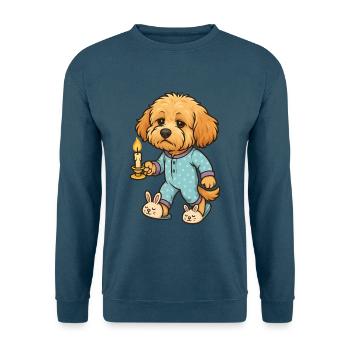 Müder Maltipoo im Pyjama mit Kerze Comicstil - Unisex Pullover - Indigoblau - Vorne