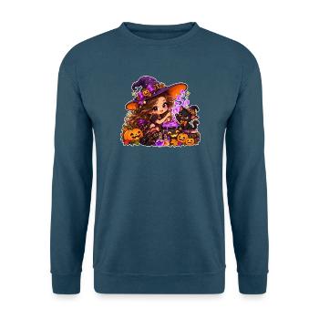 Cute Halloween Witch & Mischievous Black Cat - Unisex Pullover - Indigoblau - Vorne