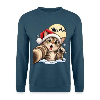 Kätzchen im Santa-Hut vor Mondschlitten - Unisex Pullover - Indigoblau - Vorne
