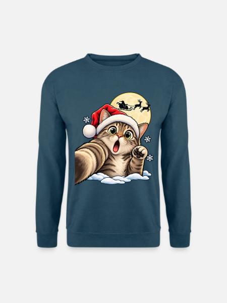 Kätzchen im Santa-Hut vor Mondschlitten - Unisex Pullover - Indigoblau