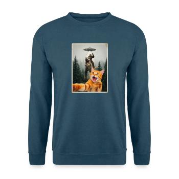 Rote Katze Selfie mit Waldmensch, Dino und UFO - Unisex Pullover - Indigoblau - Vorne