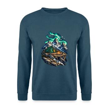 Hochgebirgslager unter einem Polarlichtbogen - Unisex Pullover - Indigoblau - Vorne