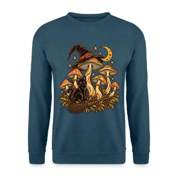 Vintage Hexenkatze mit Pilzen, Mond und Hexenhut - Unisex Pullover - Indigoblau - Vorne