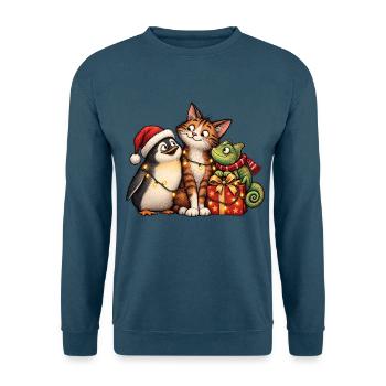 Weihnachts-Pinguin-Katze und Chamäleon-Freunde - Unisex Pullover - Indigoblau - Vorne