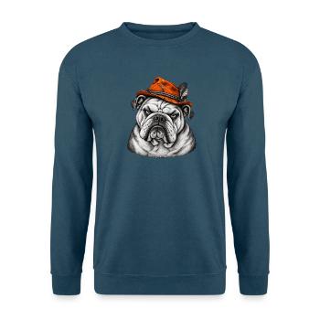 Bulldog im Orange Hut – Retro Flair - Unisex Pullover - Indigoblau - Vorne
