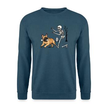 Französische Bulldogge Mit Knochen Vor Skelett - Unisex Pullover - Indigoblau - Vorne