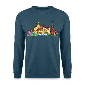 Schwerin Skyline im bunten Wachsmalstil - Unisex Pullover - Indigoblau - Vorne