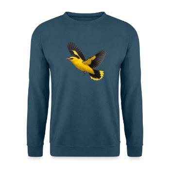 Pirol im Flug – gelber Vogel mit dunklen Flügeln - Unisex Pullover - Indigoblau - Vorne