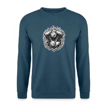 V2 Motor Flammen Vintage Kupferstich Biker Shirt - Unisex Pullover - Indigoblau - Vorne