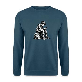 Monochromes Jugendportrait am Handy - Unisex Pullover - Indigoblau - Vorne