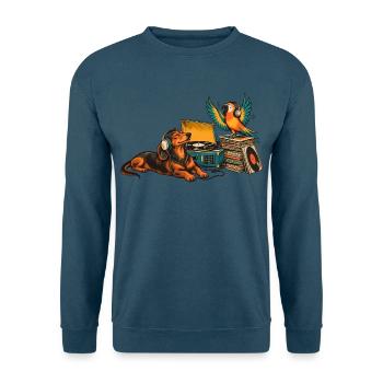 Dackel und Papagei hören Schallplatten - Unisex Pullover - Indigoblau - Vorne
