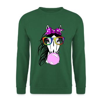 Pferd mit Brille und Kaugummi - Unisex Pullover - Grün - Vorne