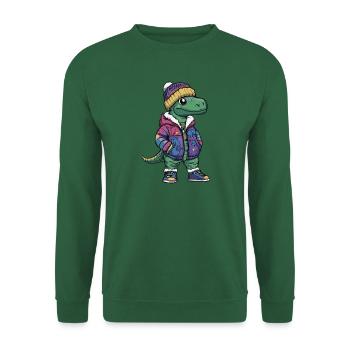 Dinosaurier mit Winterjacke und Mütze - Unisex Pullover - Grün - Vorne