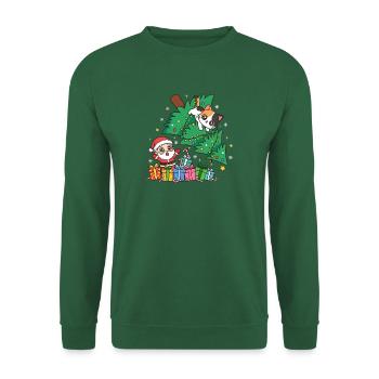 Weihnachtskatze zwischen Baum und Geschenken - Unisex Pullover - Grün - Vorne