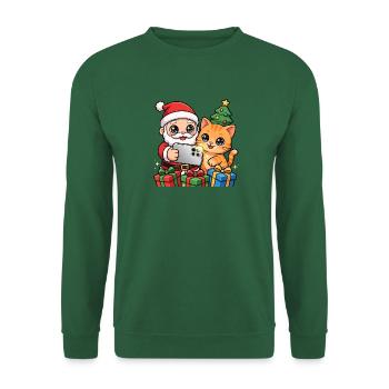 Weihnachts-Selfie: Weihnachtsmann und Katze - Unisex Pullover - Grün - Vorne