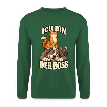 Bosskatze auf Hund – Cartoon Humor - Unisex Pullover - Grün - Vorne
