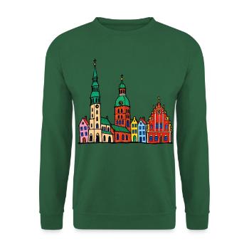Riga Skyline im bunten Wachsmalstil - Unisex Pullover - Grün - Vorne