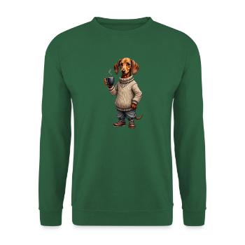 Müder Dackel mit Kaffeebecher – Gravur ohne Text - Unisex Pullover - Grün - Vorne