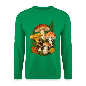 Waldpilze Shirt mit botanischer Pilzillustration  - Unisex Pullover - Kelly Green - Vorne