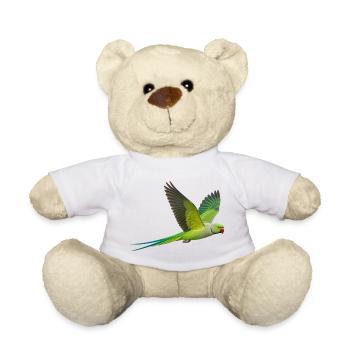 Halsbandsittich im Flug – grüner Papagei als Motiv - Teddy - Weiß - Vorne