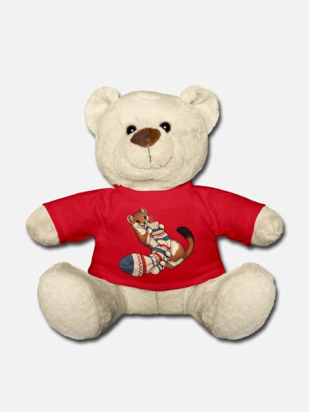 Hermelin ringt mit einer wolligen Socke - Teddy - Rot