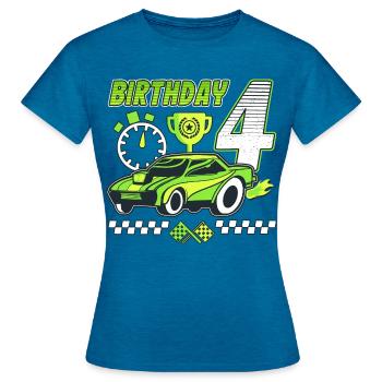 4. Geburtstag Rennwagen 4 Jahre alt Rennfahrer - Frauen T-Shirt - Antikblaues Saphir meliert - Vorne - AI Model Female 172 dark (172cm)