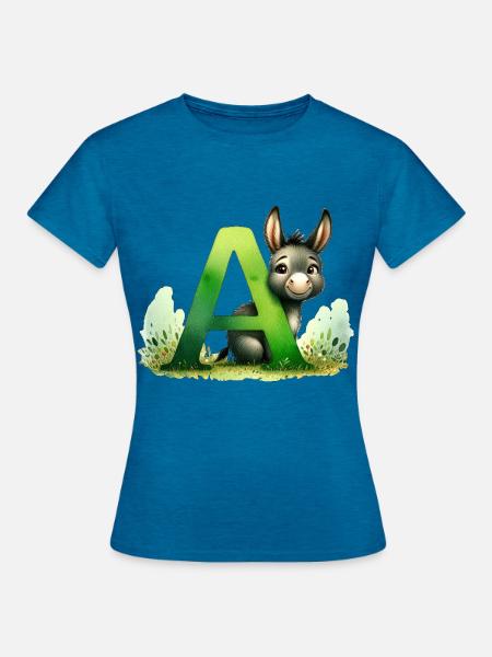 Tieralphabet - Buchstabe A für Esel - Zeichnung - Frauen T-Shirt - Antikblaues Saphir meliert