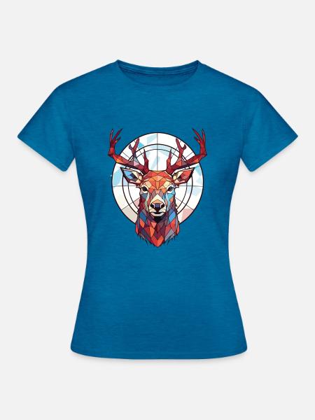 Rothirsch Bunte Aquarell-Tierillustration - Frauen T-Shirt - Antikblaues Saphir meliert